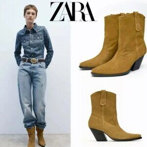 ZARA Cowboy Ankle Boots Suede Brown Leather Size 40 / 9 New